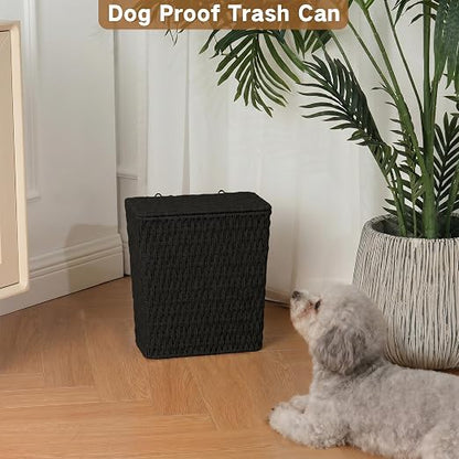 iEGrow Paper Rope Trash Can,Bathroom Trash Can with Lid, 3 Gallon Wicker Waste Basket with Removable Liner, for Bedroom, Living Room, Toilet, Under Sink Black