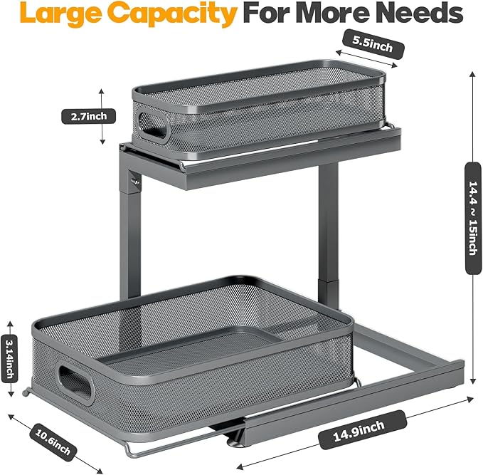 1-Pack Under Sink Storage Organizer with 2-Tier Slide Out Drawer, Sophisticated Mesh Pull Out Shelf for Kitchen & Bathroom, Fits Small Items, Upgraded Arched Track for Smooth Gliding-Gun Gray