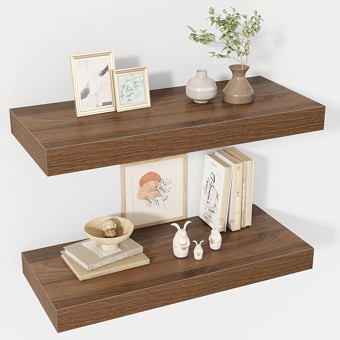 Acovy 24 Inch Floating Shelves, 12" Deep Floating Shelf Wall Mounted, 24" Wall Shelves, Rustic Deep Bookshelf, Extra Deeper & Thicker Display Shelves for Bedroom, Living Room, Walnut, Set of 2