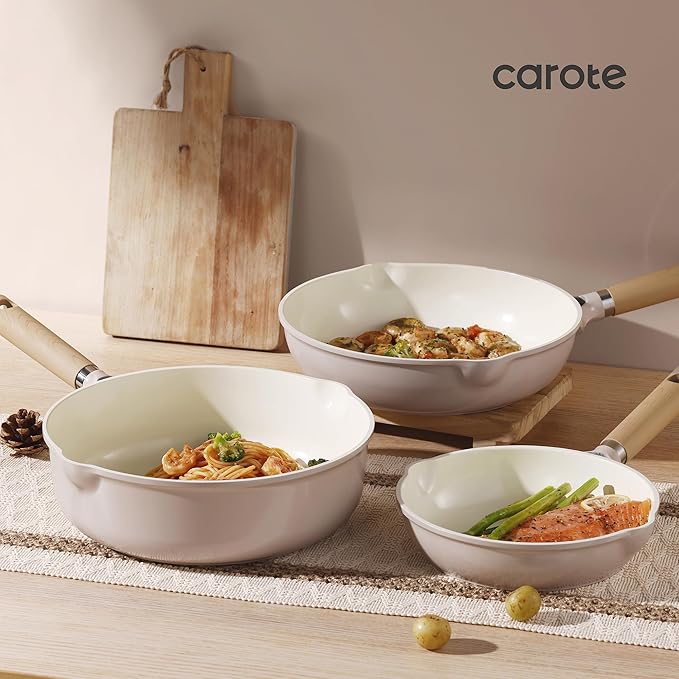 CAROTE Ceramic Nonstick Frying Pan Skillet with Lid, 10" Deep Frying Pan, 4 QT Saute Pan wilt Lid, Non Stick Chef's Pan, Non-toxic Healthy, PFOA/PFAS Free, Induction-Compatible, Taupe
