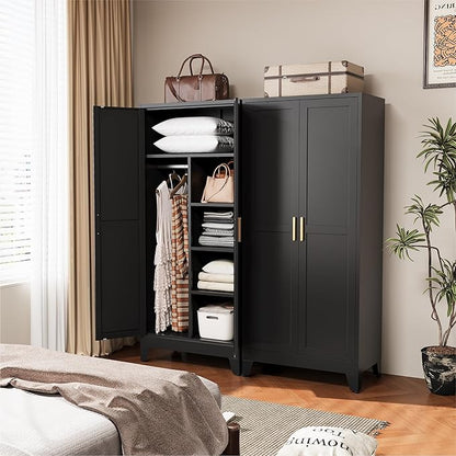 COFaR Black Metal Wardrobe Closet, Reversible 2-Section Design with Hanging Rod & Adjustable Shelves, 71" Freestanding Armoire Cabinet with Top Storage Space