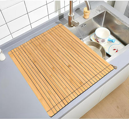Over Sink Drainer Rack, Bamboo Roll up Dish Drying Rack Multipurpose Dish Drainer Counter Space, Over The Sink Dish DryingRack for Draining Dish, Glass, Vegetables, Fruits