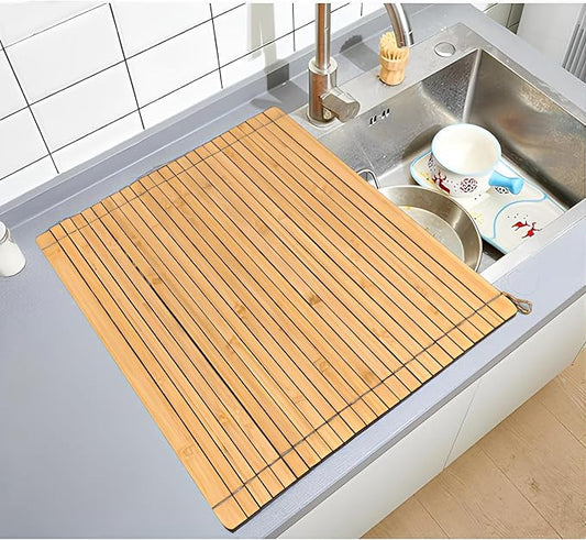 Over Sink Drainer Rack, Bamboo Roll up Dish Drying Rack Multipurpose Dish Drainer Counter Space, Over The Sink Dish DryingRack for Draining Dish, Glass, Vegetables, Fruits