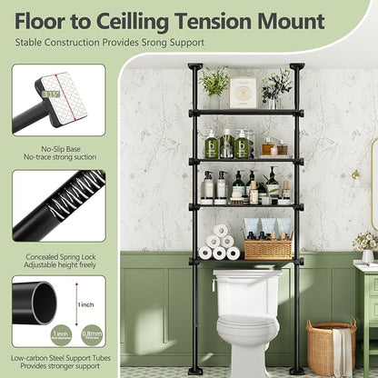 Bonpally Over The Toilet Storage Shelf, 4-Tier Adjustable Bathroom Organizer, No Drill Tension Mounted Shelves, Space-Saving Bathroom Cabinet Rack Above Toilet for Small Rooms, Black