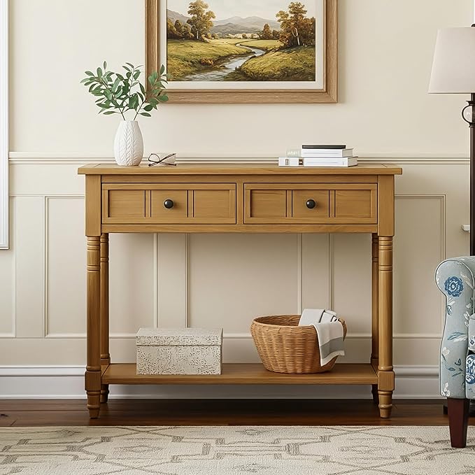 Knocbel Antique Entry Console Table with 2 Drawers & Bottom Open Shelf, Wood Sofa Tables for Entryway Hallway Living Room, 35.34" W x 13.8" D x 30.25" H, Natural