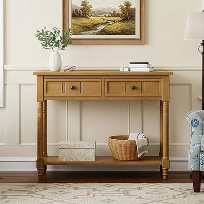 Knocbel Antique Entry Console Table with 2 Drawers & Bottom Open Shelf, Wood Sofa Tables for Entryway Hallway Living Room, 35.34" W x 13.8" D x 30.25" H, Natural