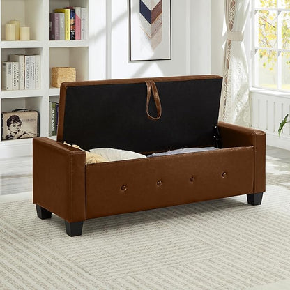 Furniliving Storage Bench, 48‘’ Upholstered PU Leather Ottoman Bench with Button-Tufted, Folding Bedroom Bench with Wood Legs, Entryway Bench for Bedroom, Brown