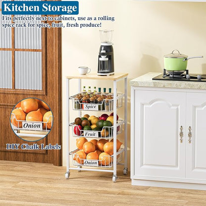 OKZEST 4-Tier Kitchen Storage Cart on Wheels – Mobile Fruit Basket Stand with Drawers & Wooden Top, Small Rolling Pantry Shelf for Potatoes, Onions, Bottled Drinks, Cans, Snacks – Includes 3 PE Liners