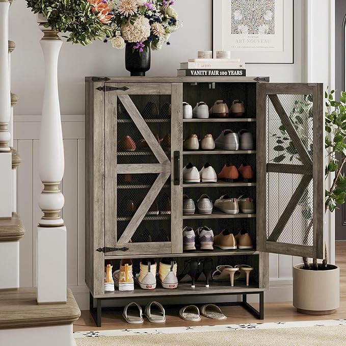 Maupvit 42.1" Farmhouse Shoe Cabinet with Ventilated Mesh Doors, 6-Tier Shoe Storage Cabinet with Adjustable Shelves & Metal Legs, Rustic Wooden Shoe Rack Organizer for Entryway, Hallway, Foyer, Grey