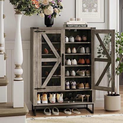 Maupvit 42.1" Farmhouse Shoe Cabinet with Ventilated Mesh Doors, 6-Tier Shoe Storage Cabinet with Adjustable Shelves & Metal Legs, Rustic Wooden Shoe Rack Organizer for Entryway, Hallway, Foyer, Grey