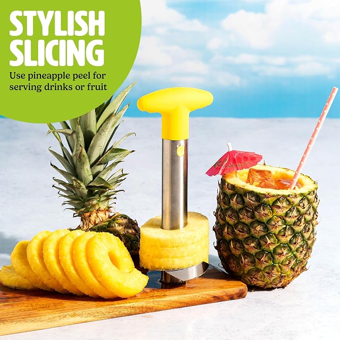 Tasty Pineapple Slicer, Stainless Steel with Non-Slip Handle, Cores & Slices Pineapples into Even Rings in Seconds, Easy to Use, Yellow