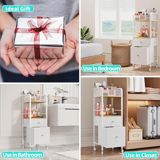HapiRm Rolling Makeup Cart Organizer - Floor Skincare Make Up Storage with 2 Non-woven Fabric Drawers, Vanity Organizer Cosmetic Display Cases Holder for Skin Care Perfume Nail Polish Brush Hair Tool