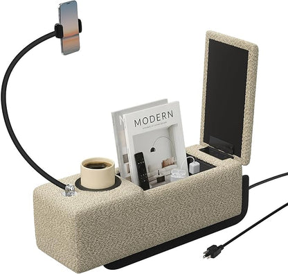 Multifunctional Couch Caddy Armrest with Couch Cup Holder Charging Console Phone Holder Storage 20.3'' Arm Rest Caddy Removable Chenille Sofa Armrest Organizer for Home Sofa Living Room, Camel