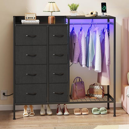 Dresser with Hanging Rack, 8-Drawer Dresser for Bedroom with Charging Station & LED Lights, Kids Dressers with Shoe Rack, Chest of Drawers with Wooden Top for Bedroom, Kids Room, Black, 11.8"D