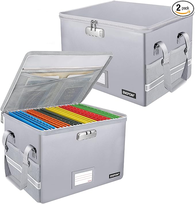 ENGPOW File Box with Lock, Fireproof Document Box with Pockets, Collapsible File Organizer Filing Storage Cabinet with Handle, Portable Home Office Safe for Hanging Letter/Legal Folders,Silver,2 Pack