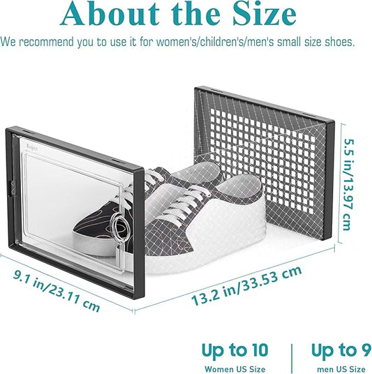Kuject 12 Pack Large Shoe Boxes, Clear Stackable Containers with Lids,Black | Shoe organizers for closet & entryway, under-bed,Drop-front design fits women's size 10
