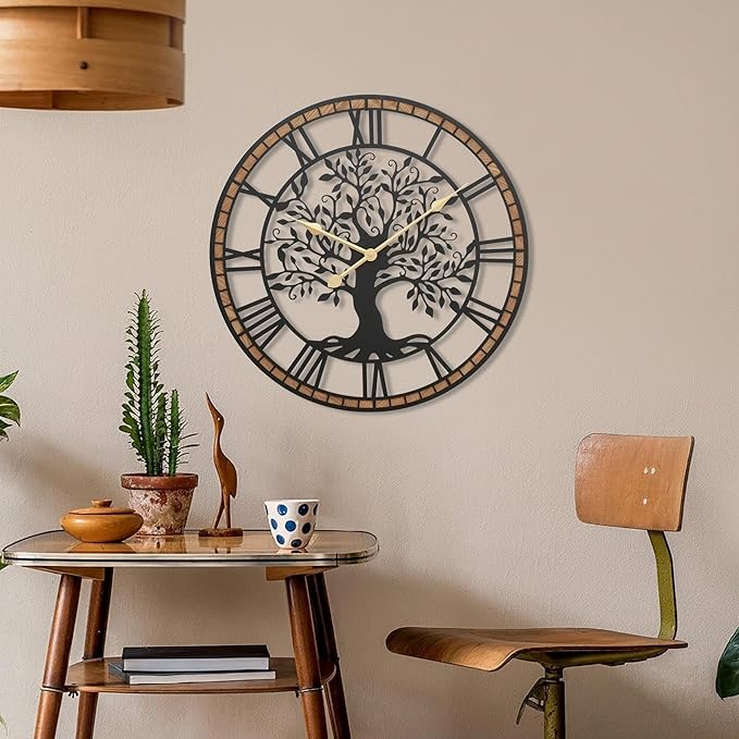 Micasso Non-Ticking Large Wall Clock: 24Inch Tree of Life Metal Black with Solid Wood Frame - Silent Battery Operated Clock for Living Room/Office/Bedroom/Kitchen - Home Decor for Fashion-Conscious