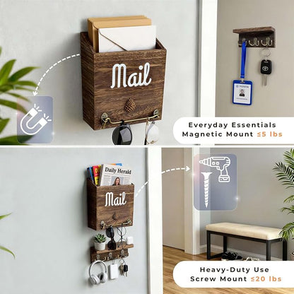 eBun Narrow Wood Mail Holder with 6 Key Hooks | Wall Mount, No-Drill Magnetic, Vertical Mail Slot, Entryway Decor