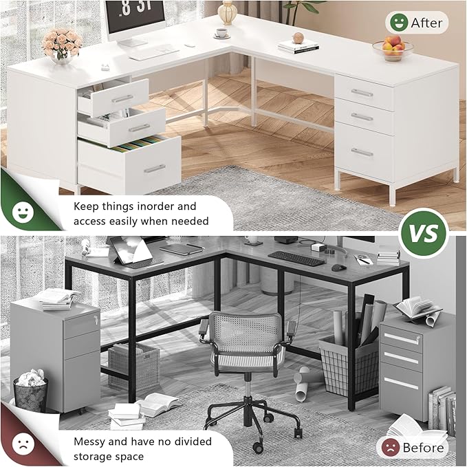 TVU 59’’ L Shaped Desk with 6 Wooden Drawers, Large Home Office Corner Computer Desk with Storage File Cabinet, Modern Metal Wood Desk for Executive Writing Study Workstation, White