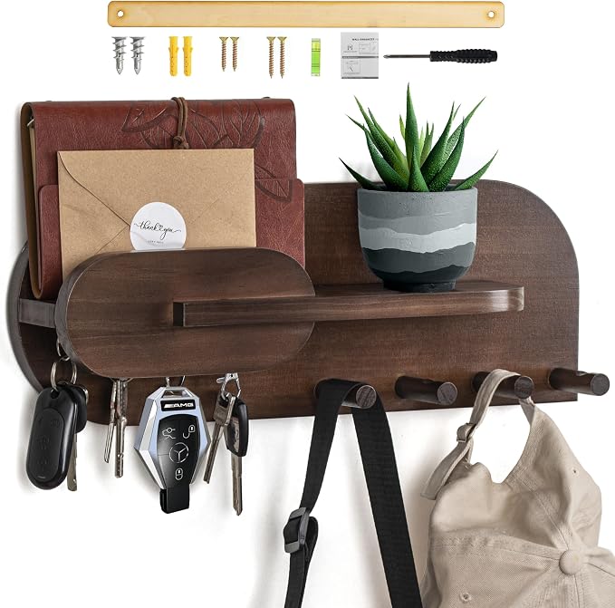 Solid Wood Mail and Key Holder for Wall Decorative Display - Includes Mail Holder, Shelf with Hooks for Keys & Pegs for Hanging Hats, Coats, Bags, Backpacks & More - Sleek Modern Design, Walnut Brown