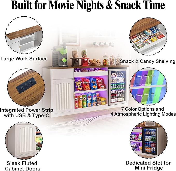 GDLF Snack Bar Cabinet with Fridge Space, 70.1" Snack Organizer with Storage and Candy Display Shelf, Coffee Station for Home Theater or Game Room with LED Lights, White