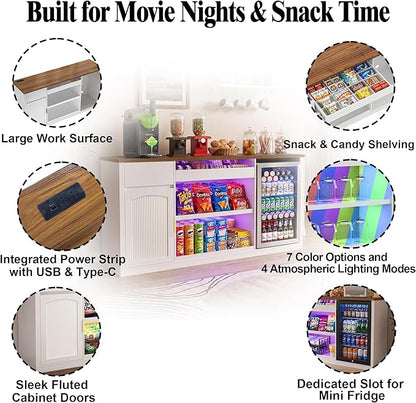 GDLF Snack Bar Cabinet with Fridge Space, 70.1" Snack Organizer with Storage and Candy Display Shelf, Coffee Station for Home Theater or Game Room with LED Lights, White