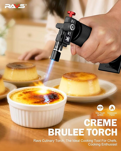 RAVS Butane Torch Lighter, DUAL Flame Mode Kitchen Torch with Adjustable Flame, Refillable Creme Brulee Torch for Baking, Cooking, Metal Body Soldering Torch, Black/Red, Butane Gas Not Included