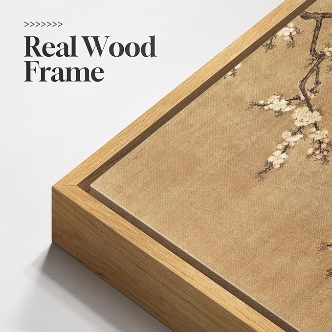 Framed Vintage Floral Bird Zen Wall Art, Neutral Asian Plum Blossom Branch Flower Birds Canvas, Minimalist Classic Oriental Calming Painting Prints for Living Room Bedroom Chinese Wall Decor, 36x24