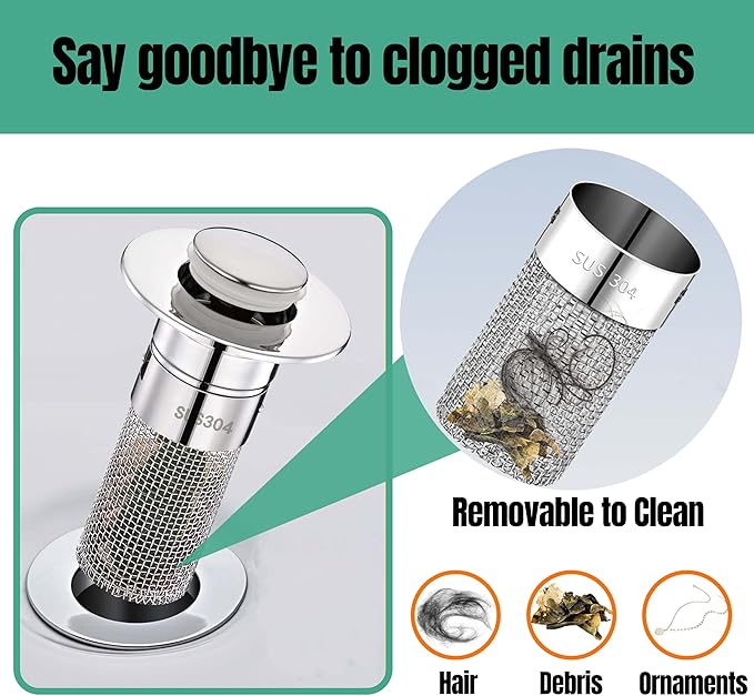 Bathroom Sink Drain Stopper for US Universal Replacement, Pop Up Drain for Bathroom Sink with Stainless Steel Filter Basket Hair Catcher, Sink Drain Strainer for 1.1-1.45 Inch