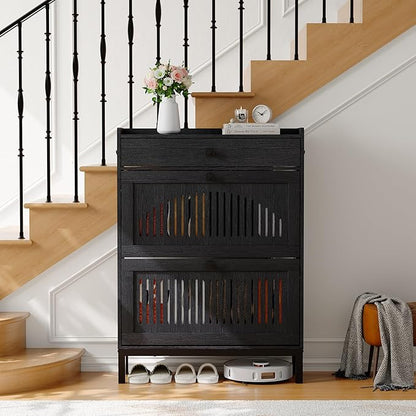 Garvee 2 Flip Drawer Shoe Cabinet with Adjustable Shelves, Hidden Shoe Organizer with Top Drawer, Freestanding Wooden Shoe Rack for Entryway, Hallway, Living Room, Black