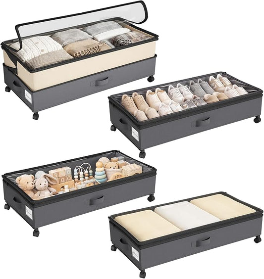 Kitstorack 4 Pack Height-adjustable Under Bed Storage with Wheels, Under Bed Storage Containers,Under Bed Shoe Storage Organizer with Clear Window&Label, Suitable for Clothes Storage, Beige & Gray