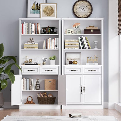 BORNOON 71.4" Tall Bookshelf with Drawers & Cabinet, 5-Tier Floor Standing Bookcase with Storage Doors, Adjustable Shelves & Metal Handles, 31.5" Wide Organizer for Home Office, Living Room