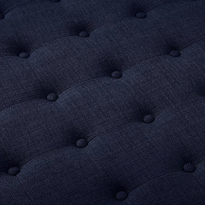 24KF Large Round Upholstered Tufted Linen Ottoman Coffee Table, Large Footrest Ottoman with Wood Shelf Storage- Navy Blue