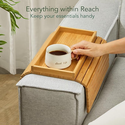 DETOR Couch Tray with Spacious 12.4" x 5.4" Storage Box, Natrual Bamboo Finish, Enhanced Non-Slip Felt Bottom, Sturdy Bamboo Slats, Fits Armrests 6" and Wider