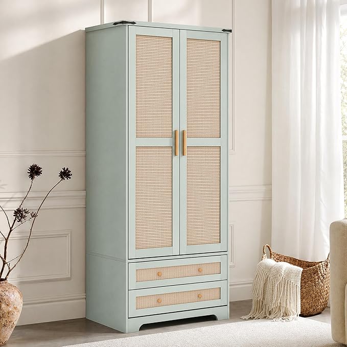 Brafab Armoire Wardrobe Closet with 2 Rattan Doors, 71" Vintage Blue Tall Freestanding Coat Closets with Drawers and Hanging Rail, Wooden Armoires Storage Cabinet with Shelf for Bedroom