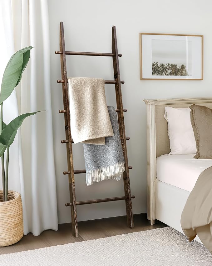 TEAKMAMA 6-Tier Blanket Ladder with Hanging Knobs,5.5 Ft Wall Leaning Blanket Ladders for Living Room Bedroom,Rustic Decorative Storage for Quilts,Throws,Easy to Assemble,Rustic Brown