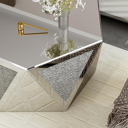 IKIFLY Mirrored Coffee Table with Crushed Diamond, Luxury Hexagon Silver Coffee Table, Living Room Table for Art Deco Office