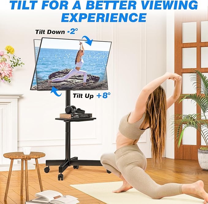Rfiver Mobile TV Stand for 23-65 Inch LCD LED Flat/Curved Panel Screen TVs up to 88 lbs, Rolling TV Stand with Adjustable Shelf & Tilt, Portable Floor Stand on Wheels for Bedroom, Living Room, Office