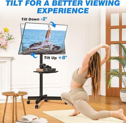 Rfiver Mobile TV Stand for 23-65 Inch LCD LED Flat/Curved Panel Screen TVs up to 88 lbs, Rolling TV Stand with Adjustable Shelf & Tilt, Portable Floor Stand on Wheels for Bedroom, Living Room, Office