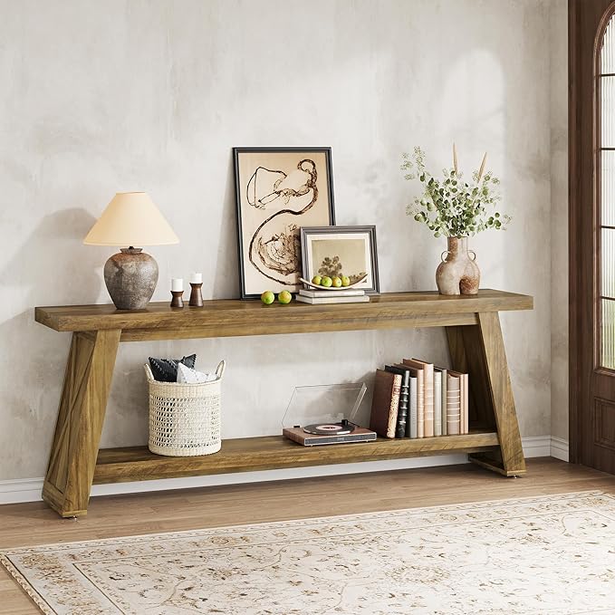 70.87-Inch Console Table for Entyrway, Extra Long Sofa Table Behind Couch, Farmhouse 2-Tier Entry Table for Hallway, Foyer, Oak Color