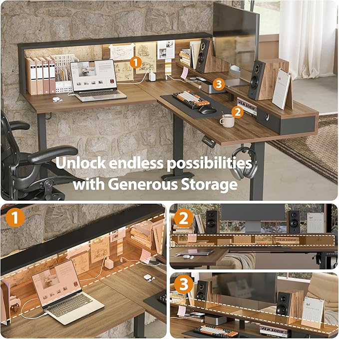 Agilestic L-Shaped Electric Standing Desk, 63x55 Inch Ergonomic Adjustable Height Desk with Storage, Stand Up Corner Desk Sit Stand Computer Table Power Outlet & LED Lights, Office Table, Dark Walnut