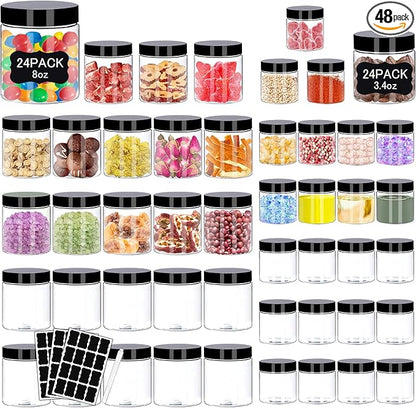 Hajoyful Plastic Jars with Lids 48 Pcs 8 oz & 3.4 oz Clear Plastic Slime Storage Jars Containers with Airtight Black Screw On Lids Cylinder Clear Round Jar Easy Clean Food Grade Durable Jar