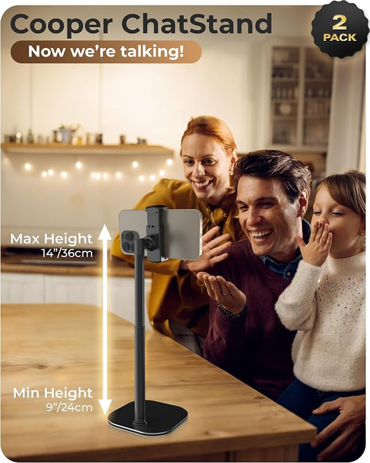 COOPER ChatStand, [Gift Family Pack], Adjustable Cell Phone Stand for Desk, Phone Stand for Recording, iPhone Holder, Small Tripod for iPhone, Fits Samsung, Android Smartphones, (Night Black, 2-Pack)