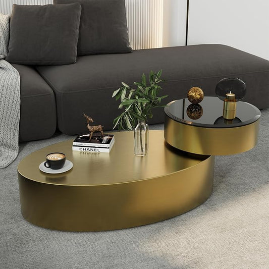 Oval Rotating Coffee Table with Tempered Glass Top, 2-Tier Design & 360° Swivel Base, Brushed Gold Finish - Modern Center Table for Living Room, Office, Apartment