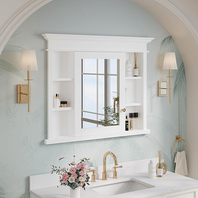WELLFOR40 x 32" Bathroom Medicine Cabinet with 3-Tier Adjustable Shelves, Recessed Solid Wood Medicine Cabinet with Mirrors, Wood Miiror Cabinet with 1 Soft-Close Door and Open/Built-in 7 Shelves