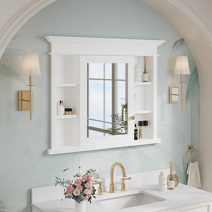 WELLFOR40 x 32" Bathroom Medicine Cabinet with 3-Tier Adjustable Shelves, Recessed Solid Wood Medicine Cabinet with Mirrors, Wood Miiror Cabinet with 1 Soft-Close Door and Open/Built-in 7 Shelves