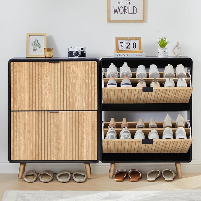 Narrow Shoe Cabinet Storage for Entryway,Slim Shoe Cabinet with 2 Flip Drawers, Fluted Shoes Rack Organizer (Natural with Black, 2 Drawers)