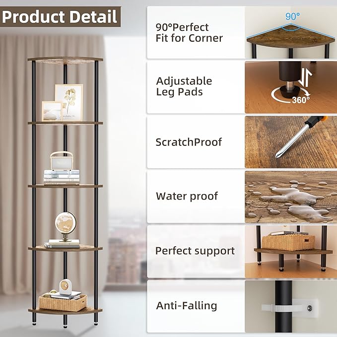 QLSPTFTS 5 Tier Corner Shelf, Bookcase for Small Spaces, Corner Display Shelf, Plant Stand, Rustic Brown and Black,Suitable for Bedroom,Living Room,Kitchen