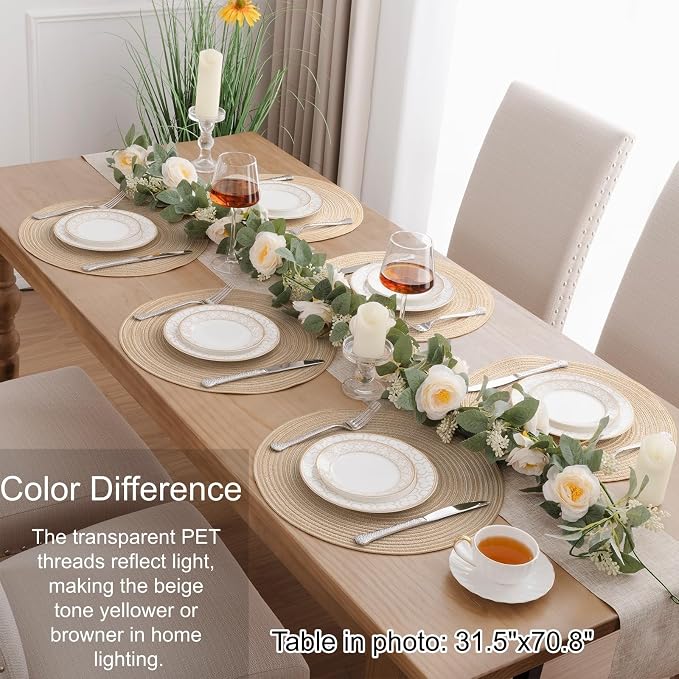 SHACOS 15 inch Round Placemats Set of 6, Cotton Polyester Woven Braided Place Mats, Washable Heat Resistant Non Slip Table Mats for Kitchen Dining Table (Beige, 6)