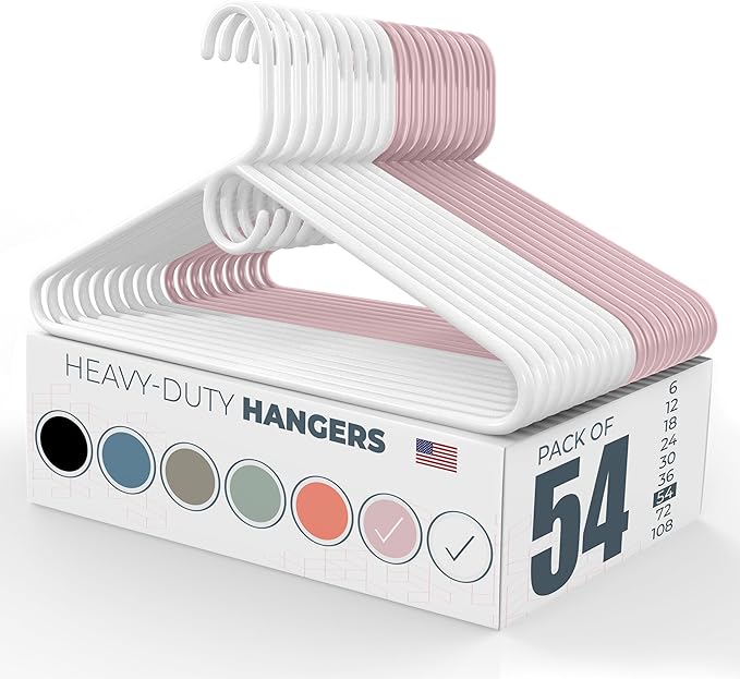 Neaties Heavy Duty Clothes Hangers 50 Pack (54 Count) – Made in The USA – 8lb Capacity Plastic Hangers for Adult Clothing – Durable for Pants, Coats, Jackets, or Jeans – White & Pink
